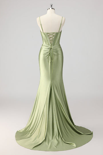 Corsé Sirena Vestido de Fiesta de Cuentas Verde Satén con Abertura